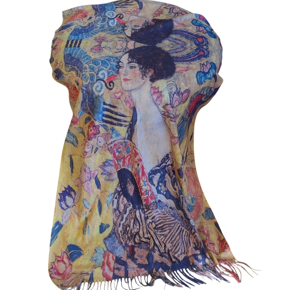Lady With A Fan By Gustav Klimt Artistic Yellow and Blue Scarf Art To Wear Gift